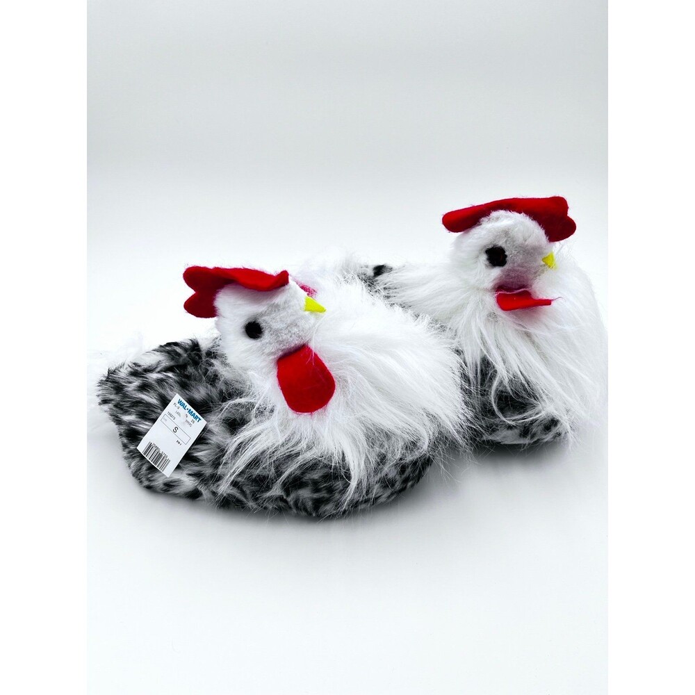 NWT Fuzzy Chicken Slippers Black White Plush Novelty Slippers Size S